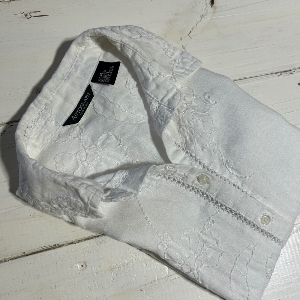 Autograph New York White 100% Linen Embroidered Short Sleeve Button Down Shirt M